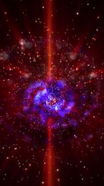 Üç boyutlu galaksi hızla döner, ışık yayar ve parlak göktaşları saçar..