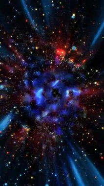 Üç boyutlu galaksi hızla döner, ışık yayar ve parlak göktaşları saçar..