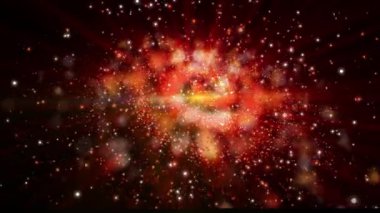 Üç boyutlu galaksi hızla döner, ışık yayar ve parlak göktaşları saçar..