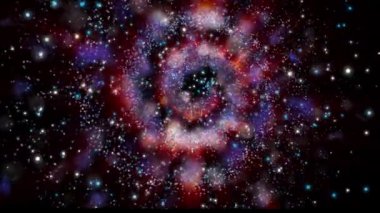 Üç boyutlu galaksi hızla döner, ışık yayar ve parlak göktaşları saçar..