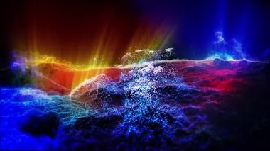 Gelecekçi bir gezegenin peyzajı. Sihirli dijital parlak enerji parçacıkları.