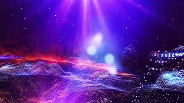 Gelecekçi bir gezegenin peyzajı. Sihirli dijital parlak enerji parçacıkları.