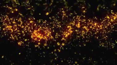 Altın ve gümüş renkli bokeh ışık parçacıklarının birleşik videosu konfeti gibi aşağıya doğru düşerken pürüzsüz bir animasyonun siyah arka planına çarpıyor..