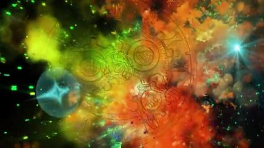 Soyutlama sonsuzluğu sembolize eder. Neon saat yüz, çevirme, hızlı hareket eden bir galaksinin arka planı.