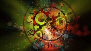 Soyutlama sonsuzluğu sembolize eder. Neon saat yüz, çevirme, hızlı hareket eden bir galaksinin arka planı.