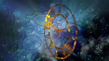 Soyutlama sonsuzluğu sembolize eder. Neon saat yüz, çevirme, hızlı hareket eden bir galaksinin arka planı.