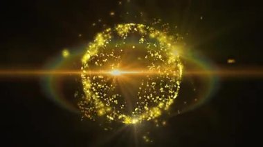 Hızlı, parlak, yıldız benzeri parçacıklardan oluşan kırmızı-sarı bir festival küresi.