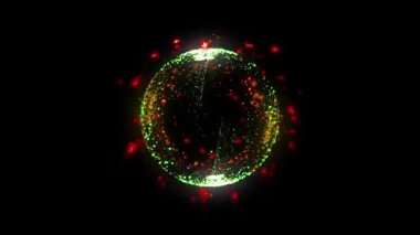 Hızlı, parlak, yıldız benzeri parçacıklardan oluşan kırmızı-sarı bir festival küresi.