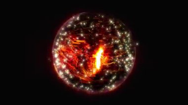 Bir kürenin enerjisinin parlak bir soyutlanması. Kıvılcım ve alevlerden oluşan girdap halindeki bir enerji küresi enerji ve ışık yayarak benzersiz bir elektrik atmosferi yaratır..