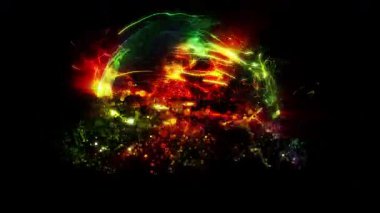 Yıldız şeklindeki çok renkli parçacıklardan oluşan bir küre, uzayda parlıyor, farklı renklerden oluşan bir paletten dalgalar halinde parıldıyor..