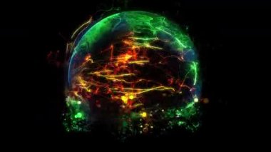 Yıldız şeklindeki çok renkli parçacıklardan oluşan bir küre, uzayda parlıyor, farklı renklerden oluşan bir paletten dalgalar halinde parıldıyor..