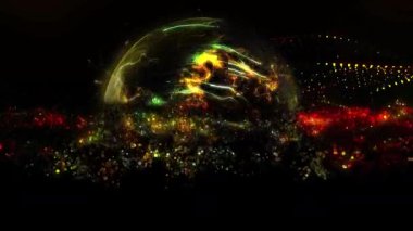 Yıldız şeklindeki çok renkli parçacıklardan oluşan bir küre, uzayda parlıyor, farklı renklerden oluşan bir paletten dalgalar halinde parıldıyor..