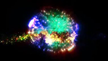 Yıldız şeklindeki çok renkli parçacıklardan oluşan bir küre, uzayda parlıyor, farklı renklerden oluşan bir paletten dalgalar halinde parıldıyor..