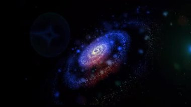 Parlak spiral şekilli üç boyutlu bir galaksi hızla pozisyon değiştiriyor. Önümüzde güzel ve beklenmedik açılarda beliriyor..