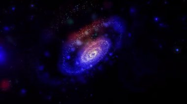 Parlak spiral şekilli üç boyutlu bir galaksi hızla pozisyon değiştiriyor. Önümüzde güzel ve beklenmedik açılarda beliriyor..