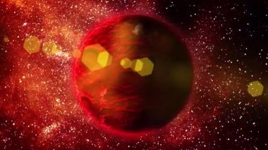 Kalıntılı dokusu olan, şehvetli, parlak bir gezegen fantastik yıldızlı gökyüzünün arka planında dönüyor..