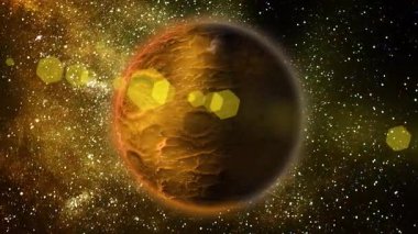 Kalıntılı dokusu olan, şehvetli, parlak bir gezegen fantastik yıldızlı gökyüzünün arka planında dönüyor..