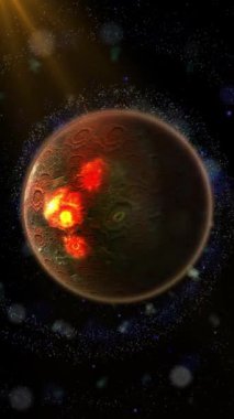 Meteor kraterleri uzayda yörüngeleri olan kayalık, dokulu bir yüzeyi olan bir gezegen. Bir uydu gezegeni yörüngesinde dönüyor..