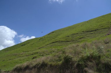 Mauritius adasının yeşil tepeleri, Hint okyanusu..