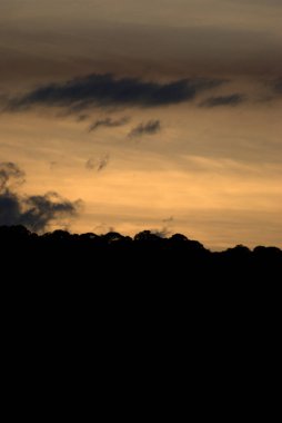 Gün batımında gökyüzünde uçan yalnız bir uçak.