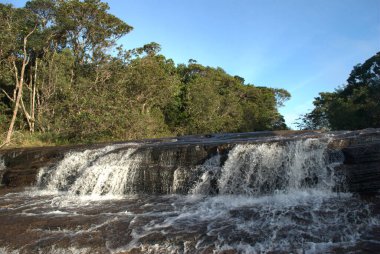 Bir şelale, yanında bir insan duruyor.