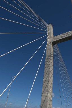 Üzerinde uçan bir uçak olan büyük bir köprü.