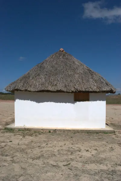 Çölde sazdan yapılmış çatısı olan küçük bir kulübe.