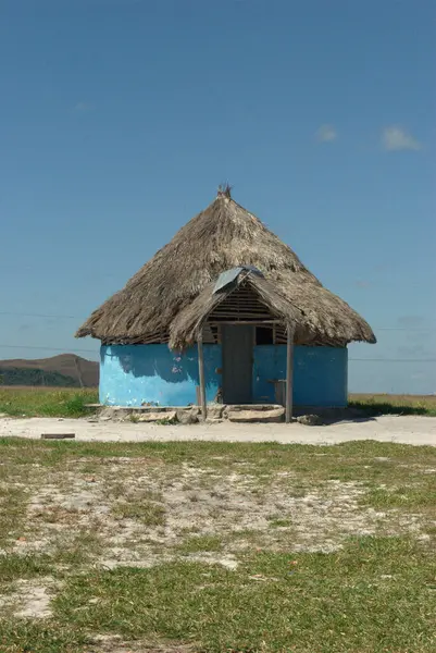 Sazdan çatılı küçük mavi bir kulübe.