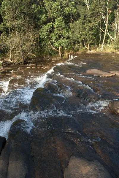 Arkasında kayalar ve ağaçlar olan bir nehir.