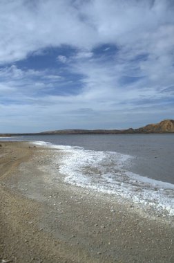 Beyaz kumlu bir sahilin dikey görüntüsü ve arka planda küçük beyaz bir dalga.