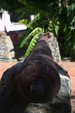 Arka planı bulanık olan büyük eski bir topun dikey görüntüsü.