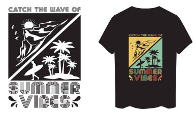 Yaz tişörtü tasarımının vektör çizimi. Palmiye yaprakları ve tipografi tasarım şablonlarıyla yaz tasarımı. t-shirt tasarımı, t için yazdır