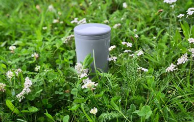 Küçük kır çiçekleriyle çevrili canlı yeşil çimenlerin üzerinde gri bir konteyner duruyor. Yakın çekim ilkbahar ya da yaz aylarında bir çayırın taze ve doğal güzelliğini yakalar..