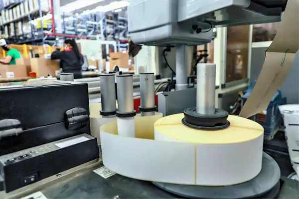 paketleme satırı - etiketleme makinesinin yakın çekimi