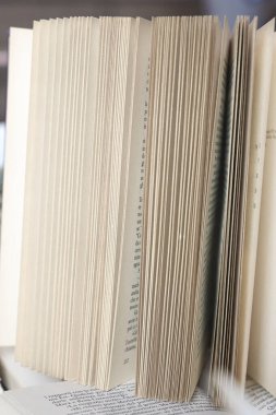 Kitap yığını, kapatın. Kütüphanede masanın üzerinde açık bir kitap. Okul konseptine geri dönelim. Masada bulanık kitaplık arkaplanı olan bir kitap aç 