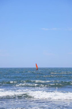 Güneşli bir günde okyanusta rüzgar sörfü yapan bir insan.
