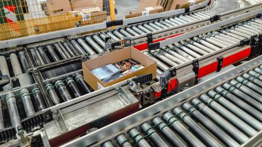 logistic warehouse. packing line in a logistics warehouse. conve