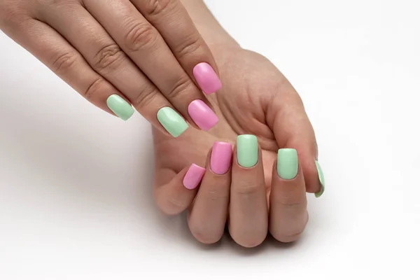 Pink Mint Manicure Short Square Nails White Background Close — Stock Photo, Image