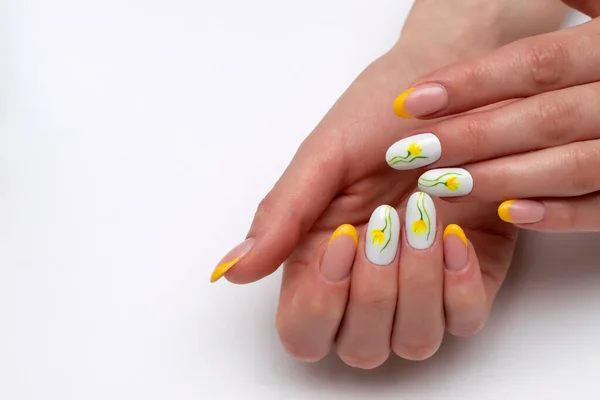 法国黄白相间的美容美发 在白色的背景下 在椭圆形的长指甲上涂上黄色郁金香 — 图库照片