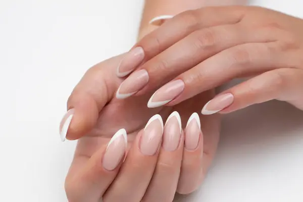 Wedding Manicure Long Sharp Nails White French Manicure Close White — Stock Photo, Image
