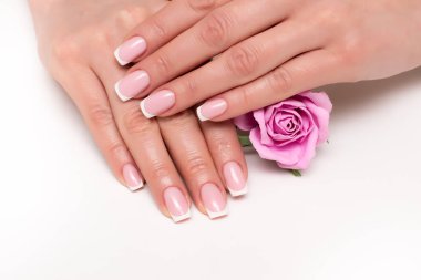 Kare tırnaklı Fransız manikürü. Beyaz arka planda pembe gül var. Yakın plan.