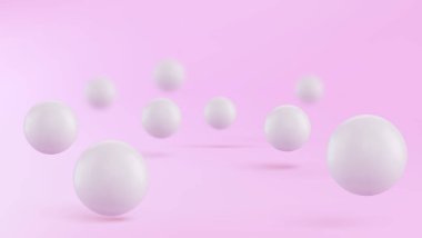 Dinamik 3 boyutlu kürelerle soyut bir arkaplan. Beyaz kabarcıklar. Parlak topların vektör çizimi. Modern trend pankart tasarımı