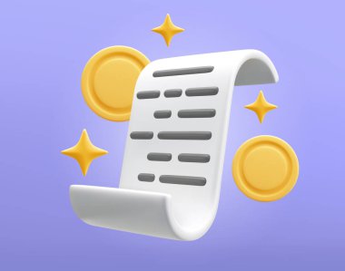 Etrafında parlak madeni paralar ve tuhaf yıldızlarla çevrili renkli bir makbuzun üç boyutlu detaylı bir çizimi canlı bir sahne yaratıyor.