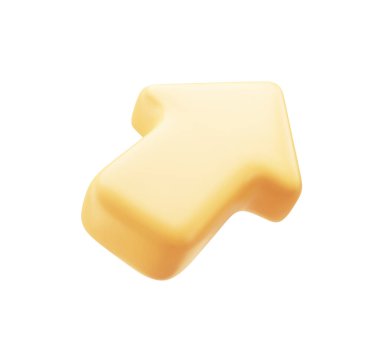 Beyaz arka planda izole edilmiş canlı sarı bir ok. 3 boyutlu simge, imza ve sembol. Yan görüş. Vektör İllüstrasyonu