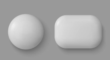 Vektör 3d Gerçekçi Yuvarlak ve Kare Beyaz Düğme Rozeti, Plastik Boş Düğme Rozeti İzole Edildi - Ön Görünüm - Evet. Parlak Broş Pin.Marka Şablonu, Model. Vektör illüstrasyonu