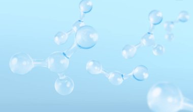 Açık mavi zemin üzerinde üç boyutlu cam molekülleri ya da atomlar. Biyokimyasal, eczacılık, güzellik ve tıp kavramı. Bilim ya da tıp. Vektör 3d illüstrasyon