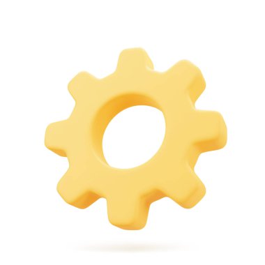Sarı dişli yazılım geliştirme çalışma akışı rotasyon mekanizması donanım gerçekçi 3d ikon vektör illüstrasyonu. Endüstriyel optimizasyon iletim mühendisliği onarımı