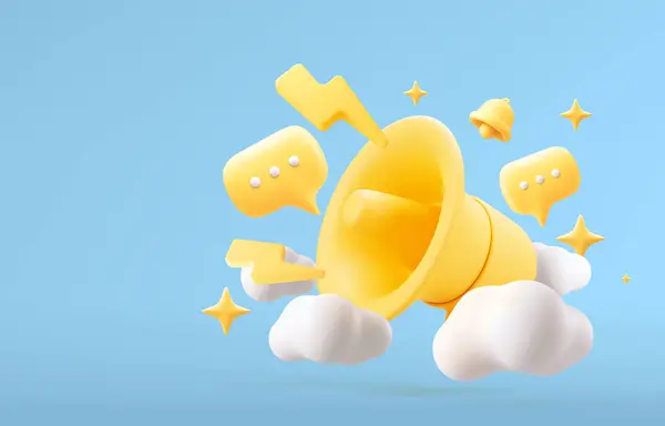 Bulutlu megafon, balonlu konuşma ve yıldızlı. Pazarlama ya da reklam konsepti, 3D sarı megafon. 