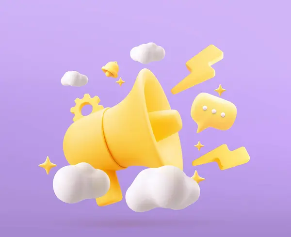 Bulutlu megafon, balonlu konuşma ve yıldızlı. Pazarlama ya da reklam konsepti, 3D sarı megafon. 