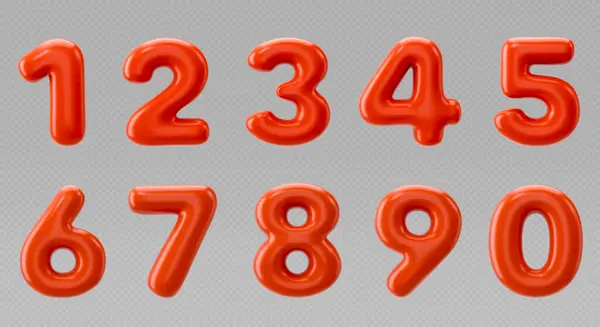0 'dan 9' a kırmızı sayılar. Balondan, voluminöz şişirilmiş sayılar koleksiyonu. Parlak baloncuk küre figürleri. Gerçekçi 3D tasarım. 